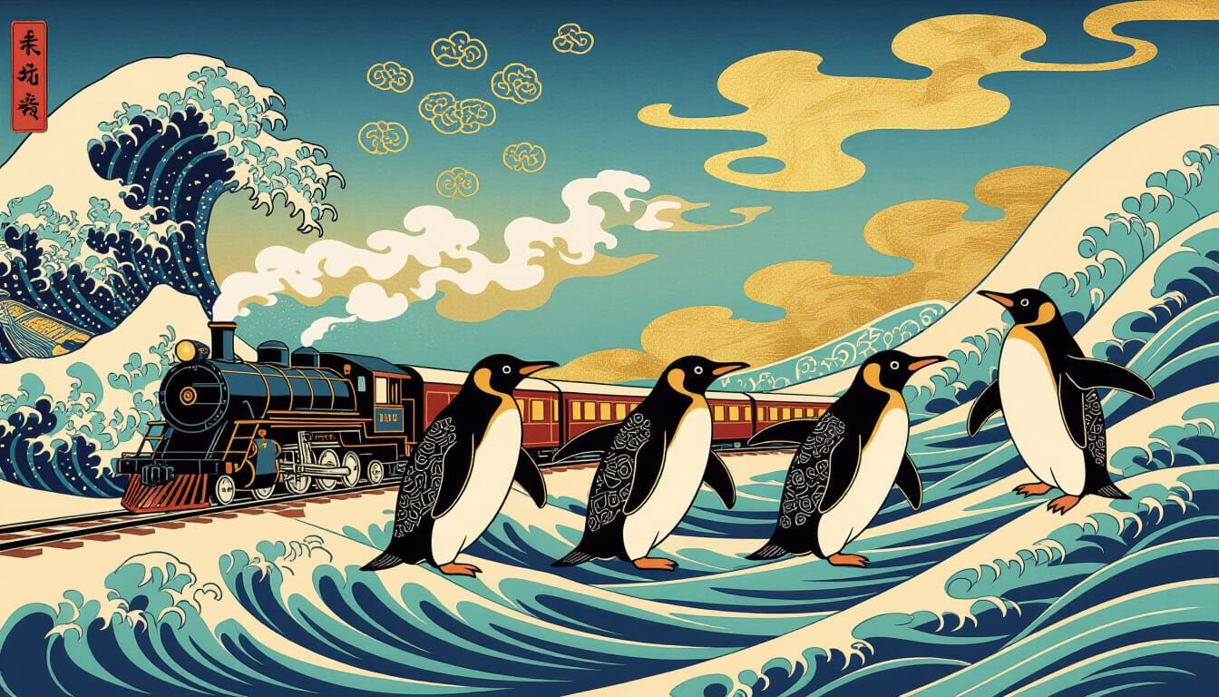 Ukiyo-e Penguins Race Past Polar Express Train
