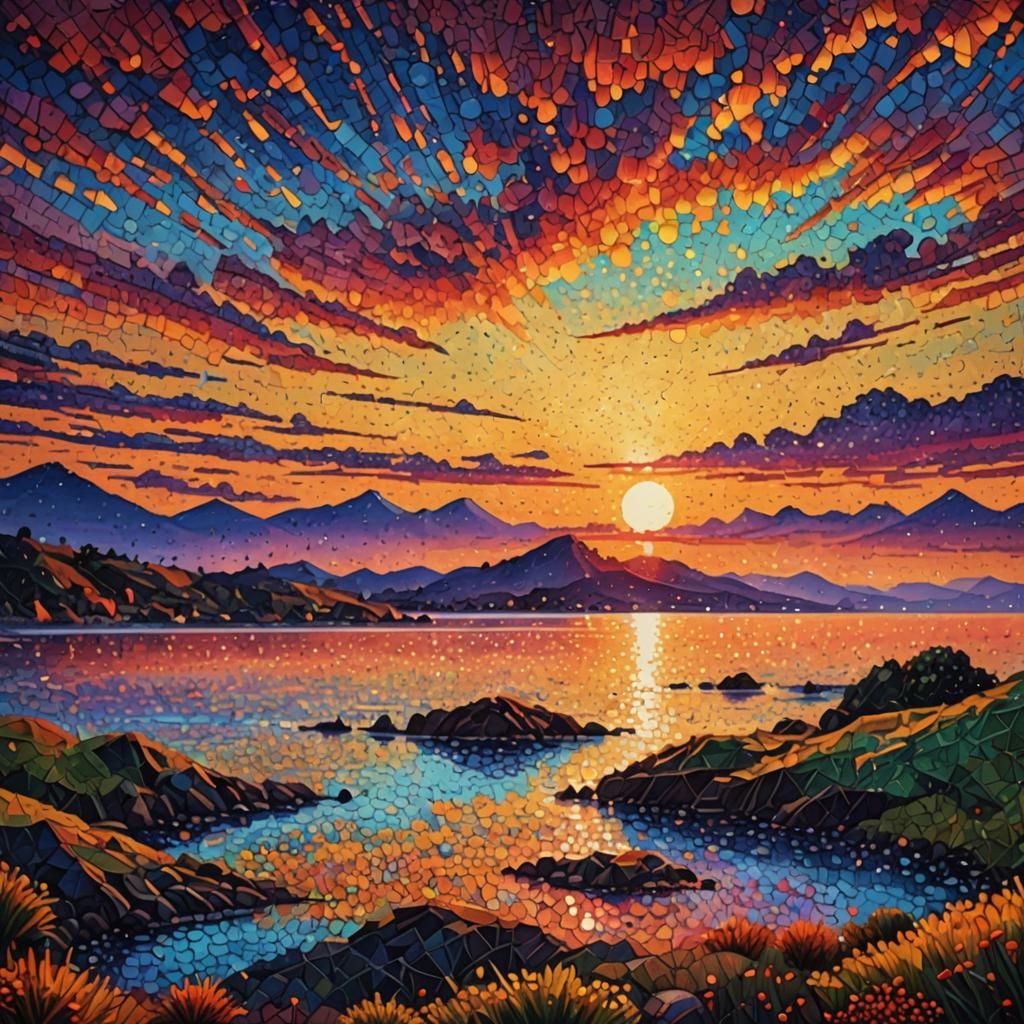 Stunning Sunset Painting in Pointillism Style