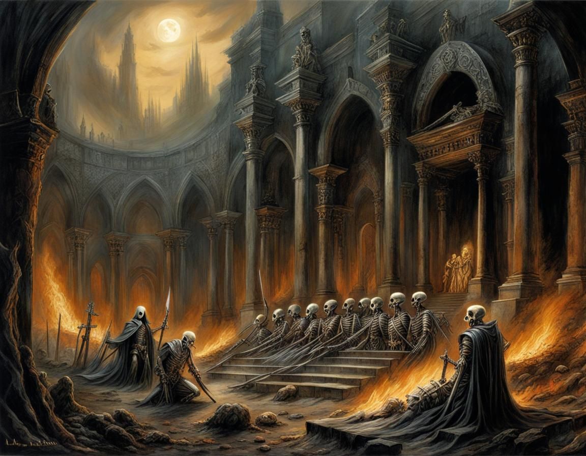 Armed Skeletons Guarding a Ghostly Necropolis