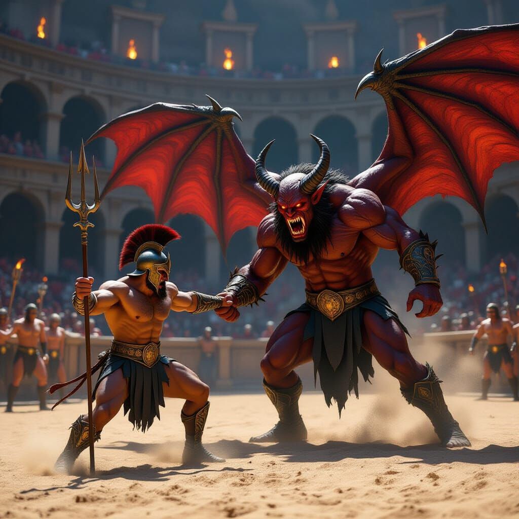Gladiator Fights Winged Demon in Epic Coliseum Battle