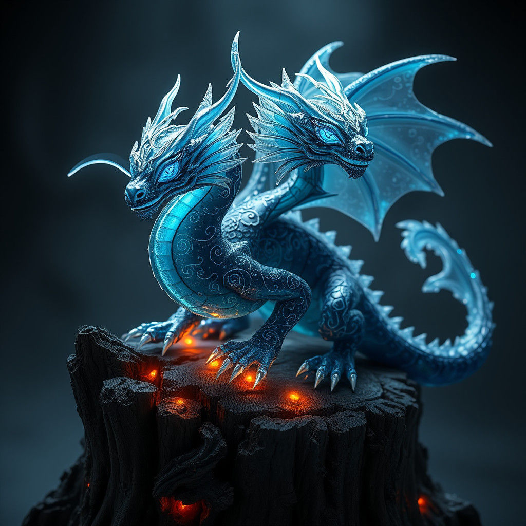Bioluminescent Crystal Dragon Sculpture on Tree Stump