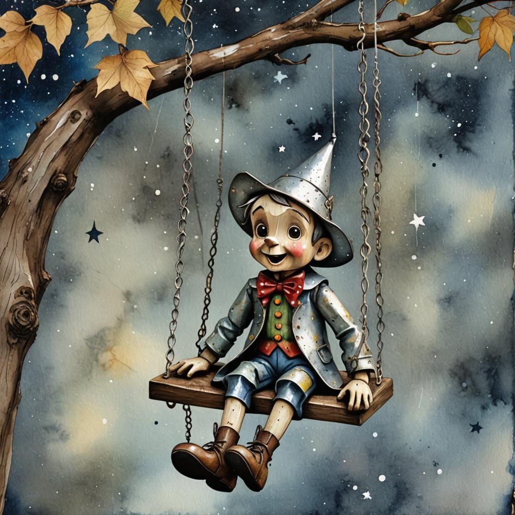 Nostalgic Pinocchio on Vintage Swing in Watercolor Style