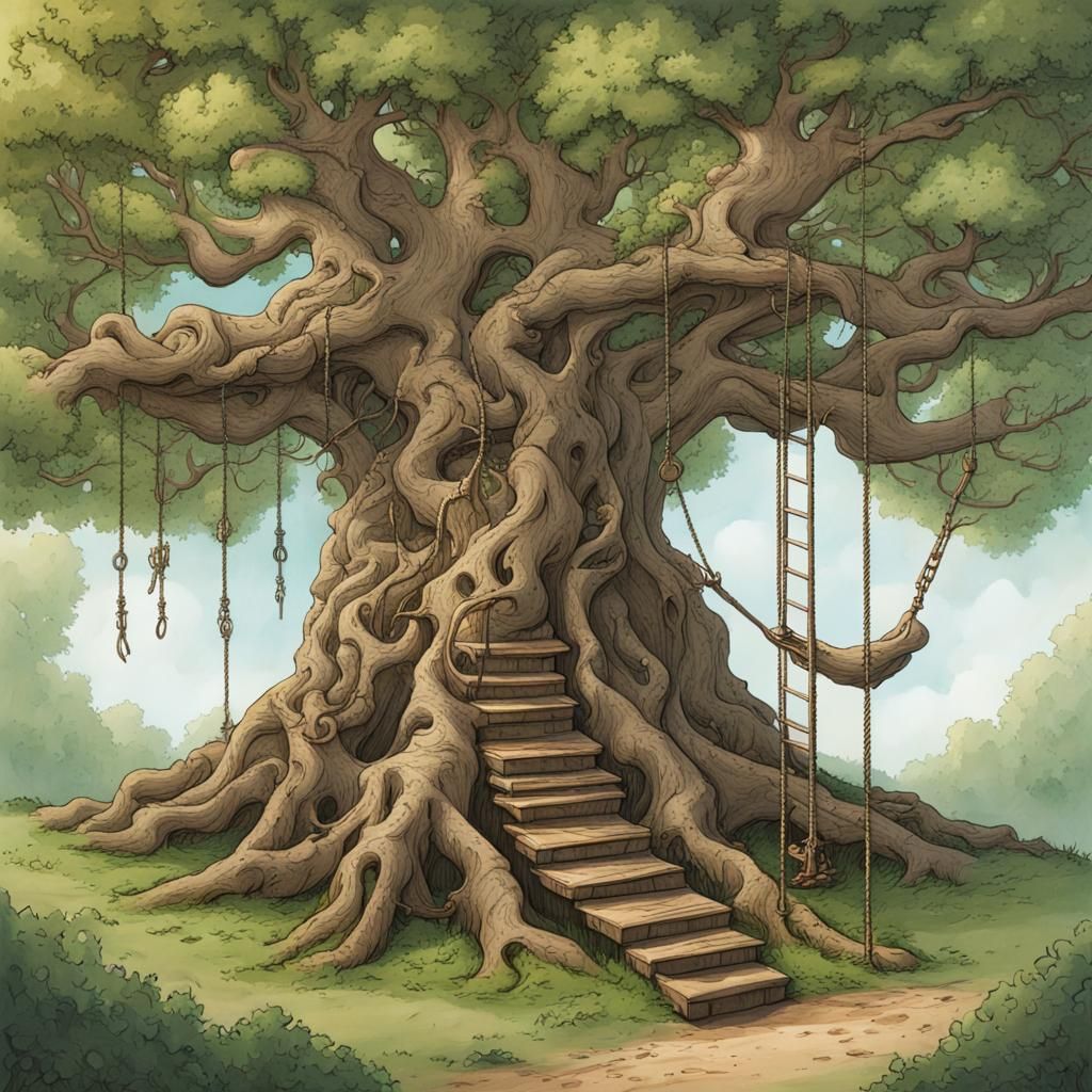 Majestic Tree with Swing and Rope Ladder