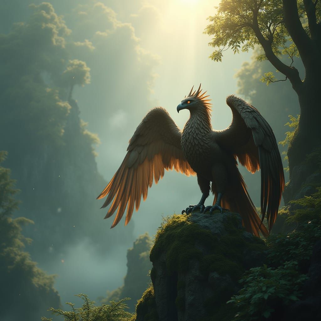 Majestic Griffin on Ancient Ruin in Misty Valley