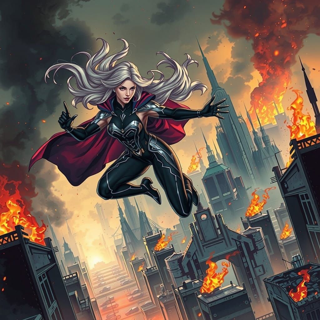 Superheroine Descends Amidst Dystopian Cityscape in Electric...