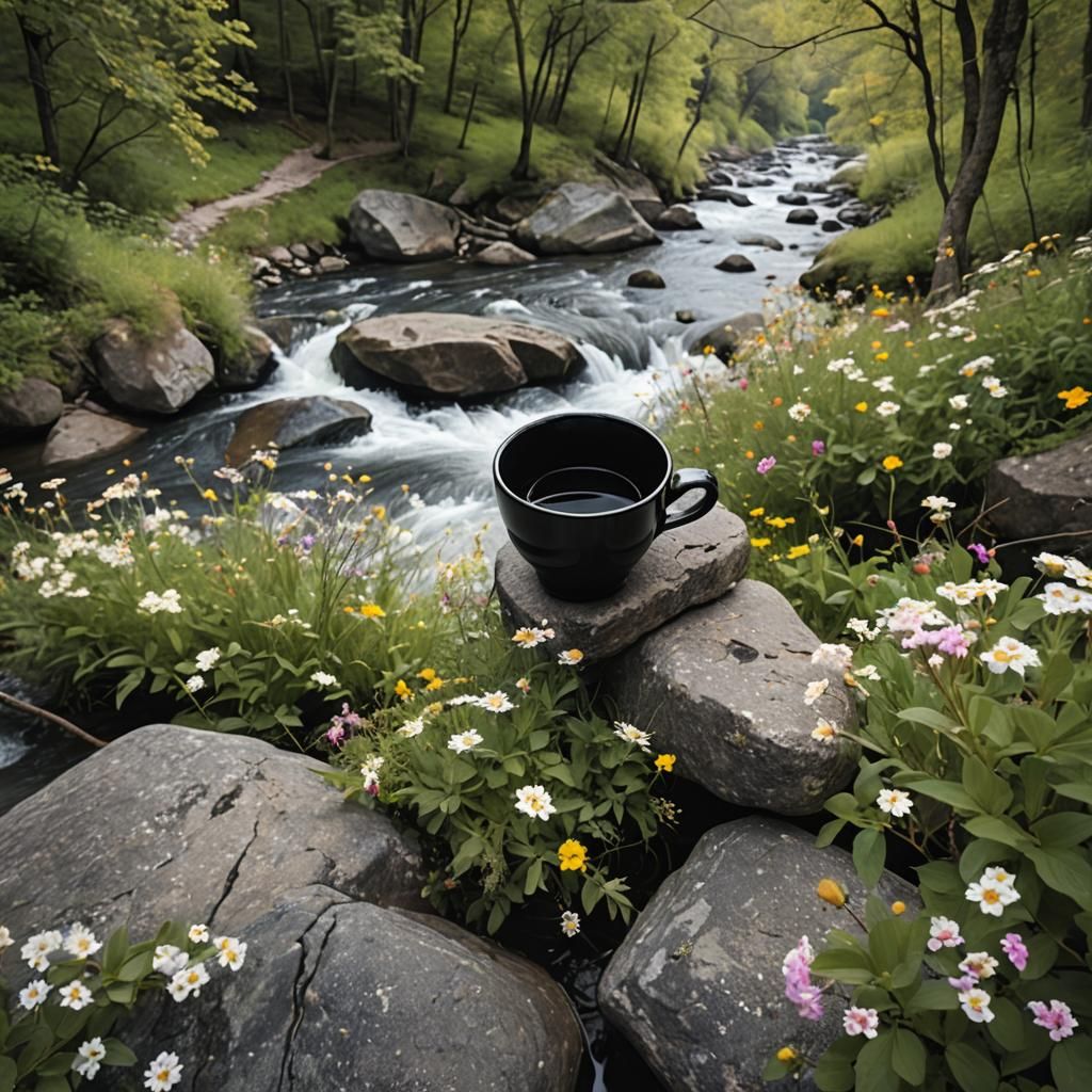 Black Cup Near Flowing River with Flowers