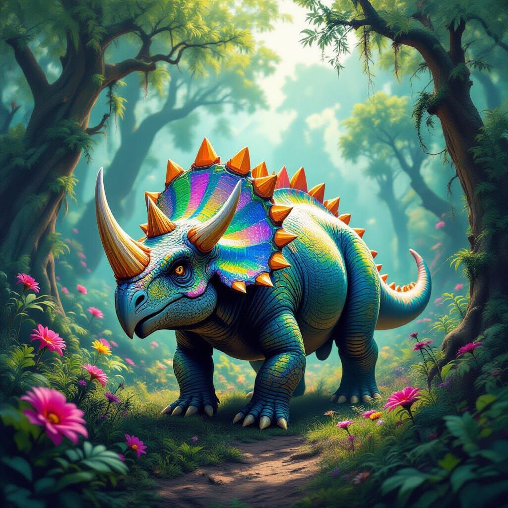 Psychedelic Triceratops in a Vibrant Alien Forest