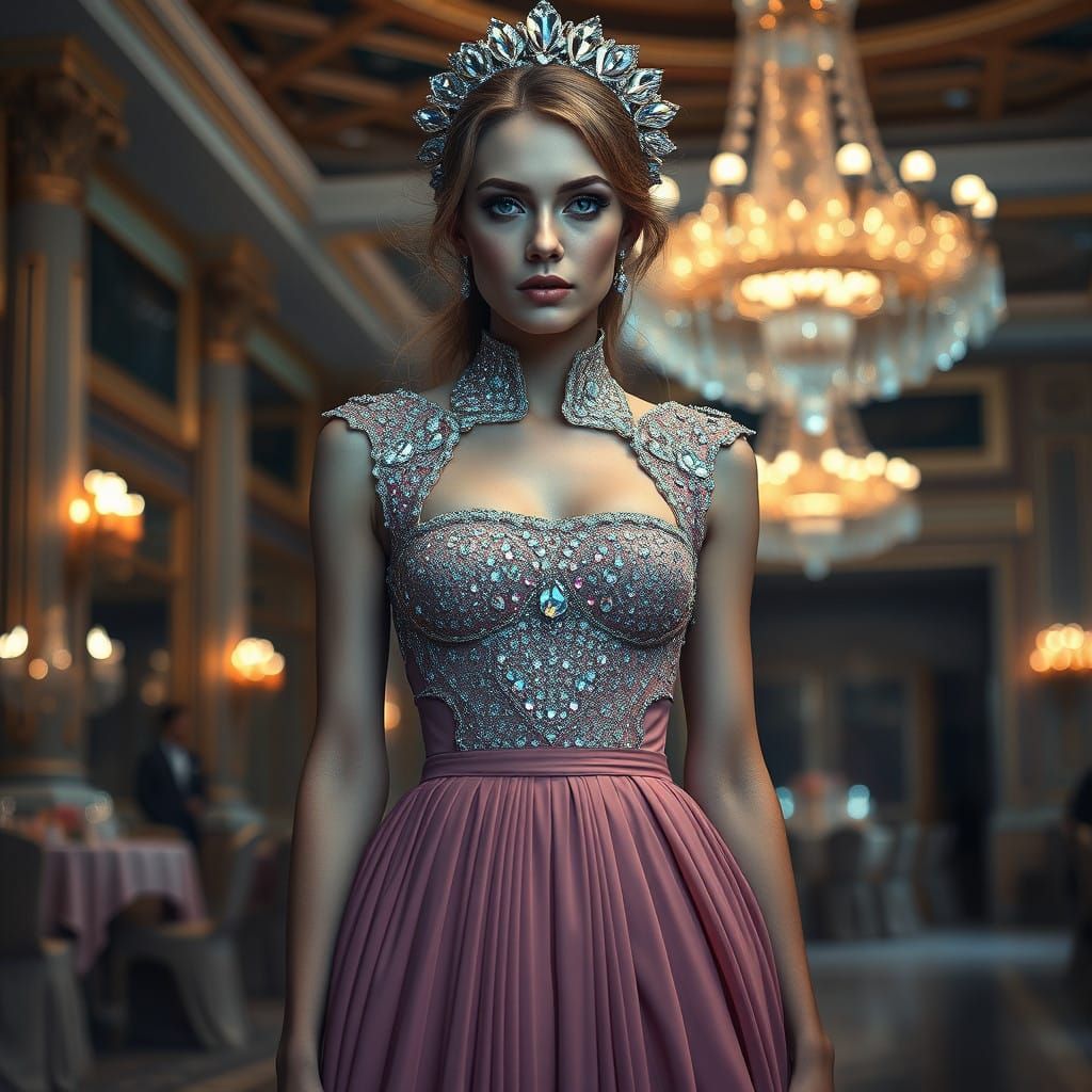 Ethereal Ballroom Goddess in Opulent, Crystal-Encrusted Gown