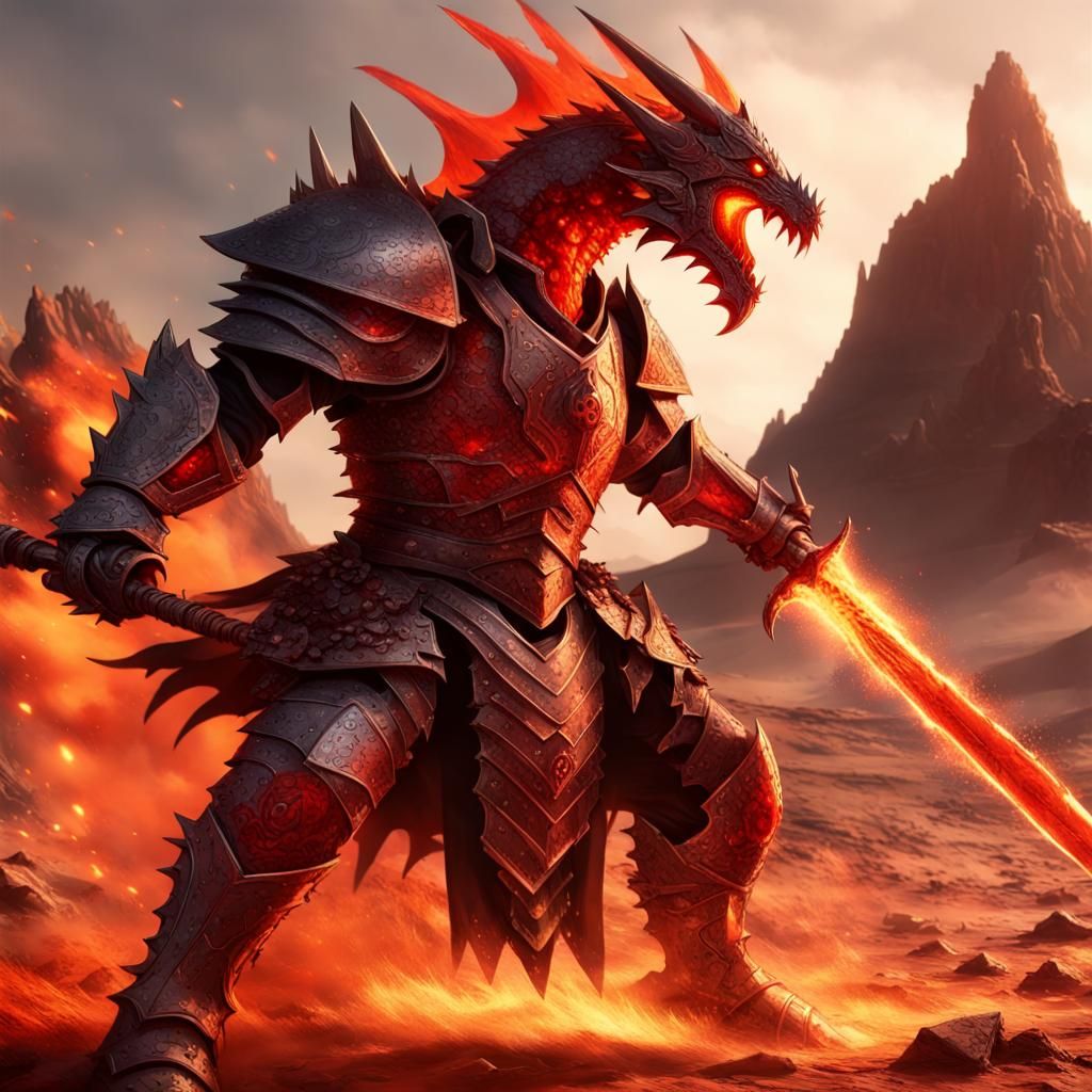 Knight Battles Lava Dragon in Fiery Desert