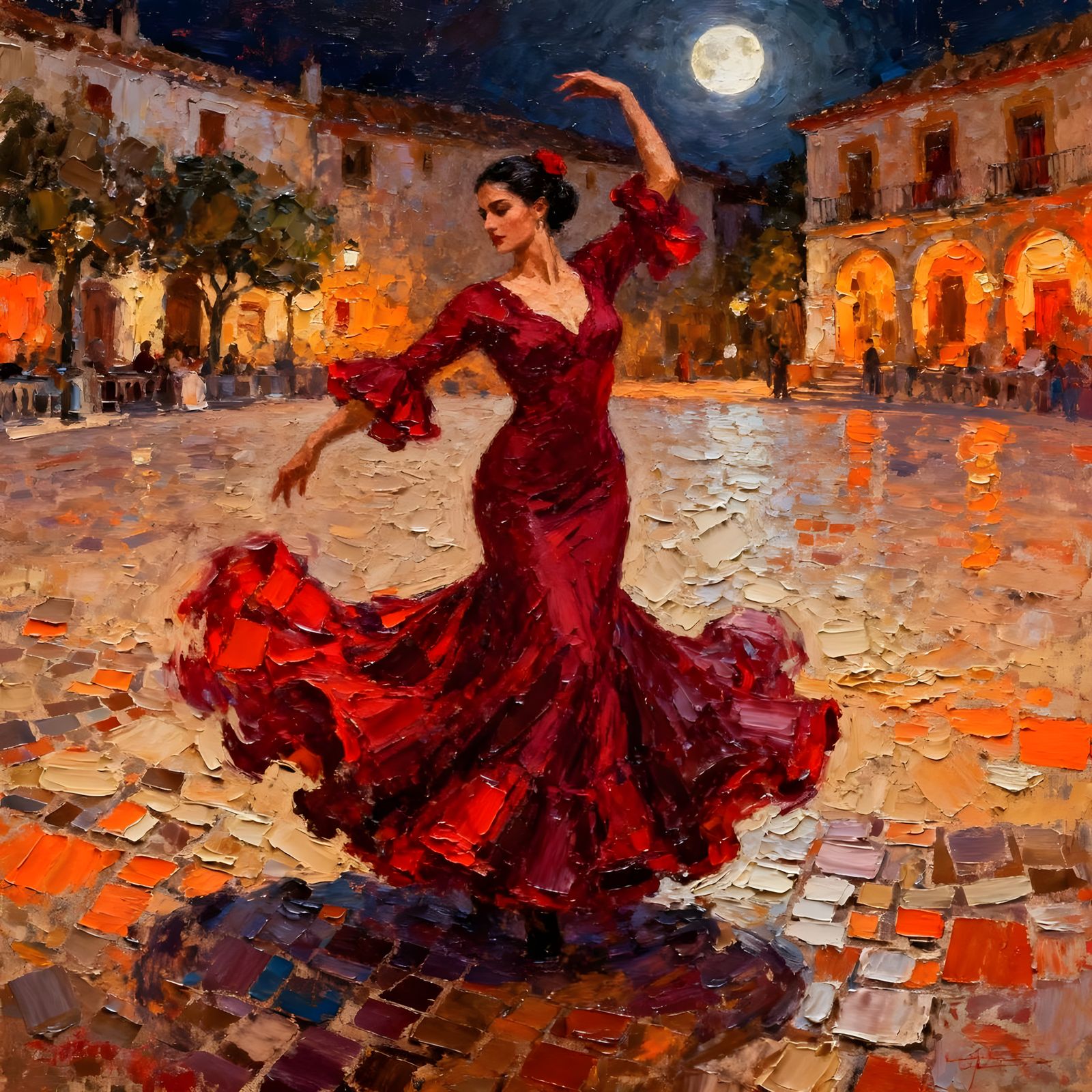 Flamenco Dancer in Crimson Dress Under Moonlight