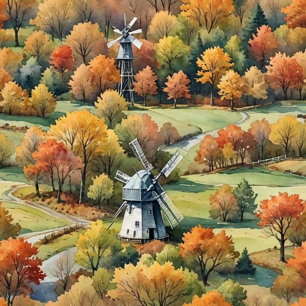 Watercolor Windmill Landscape in Autumn Colors