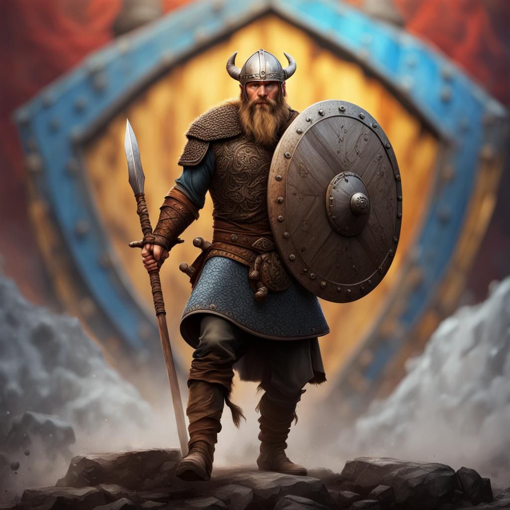 Detailed Viking Warrior with Shield in Splash Art Style
