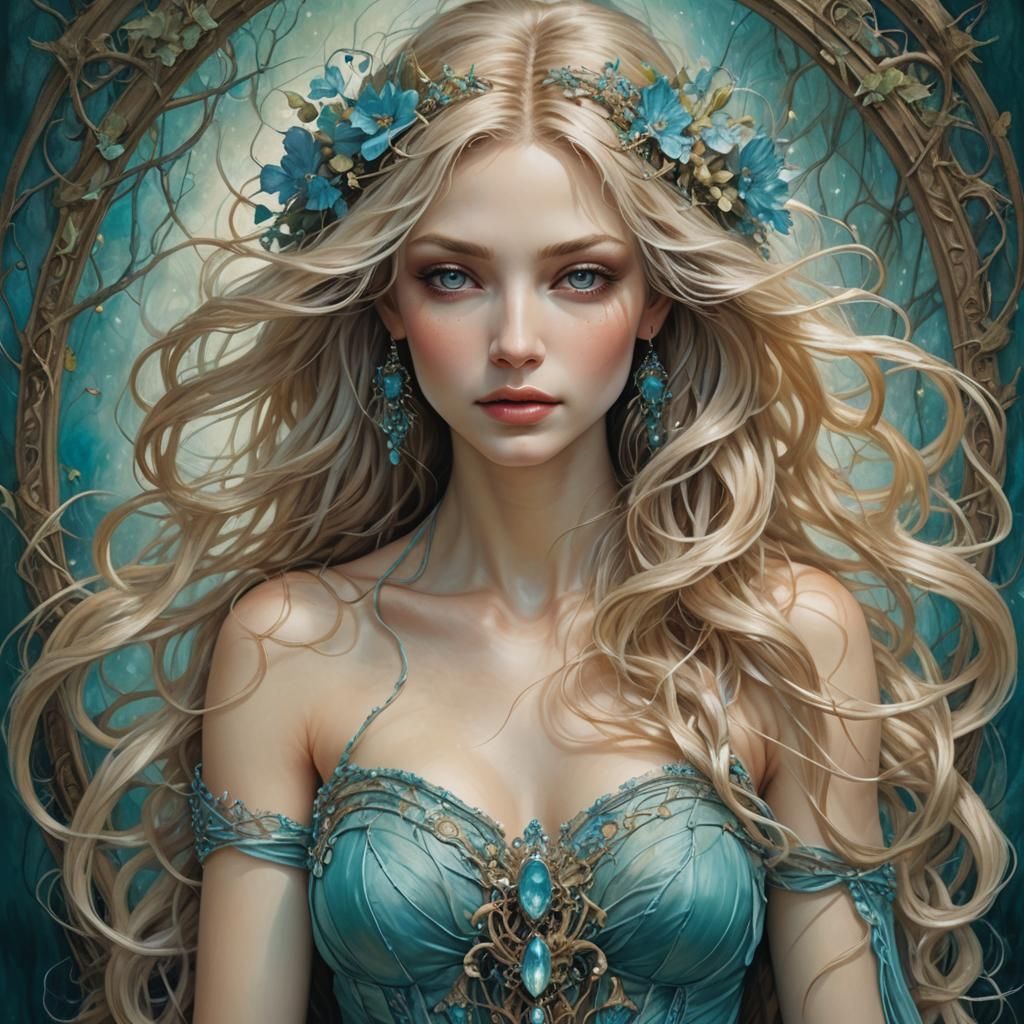 Ethereal Woman with Turquoise Hair, Fantasy Portrait