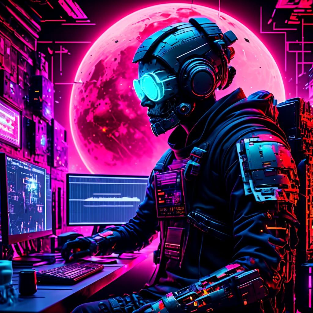 Neon Cyborg Hacker in Cyberpunk Glitch Matrix