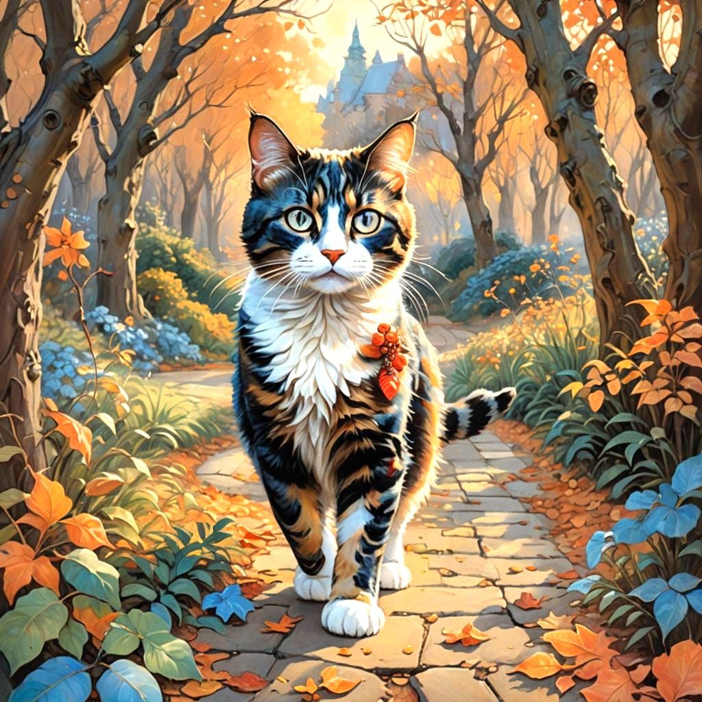 Mystical Calico Cat in Autumn Landscape as Oil Painting