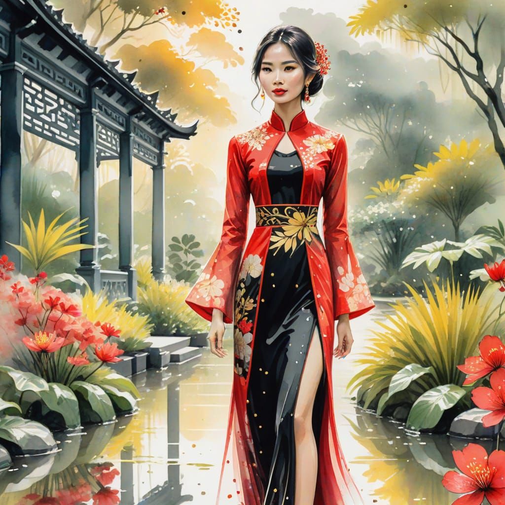 Ethereal Girl in Botanical Garden, Fashion Sketch Style