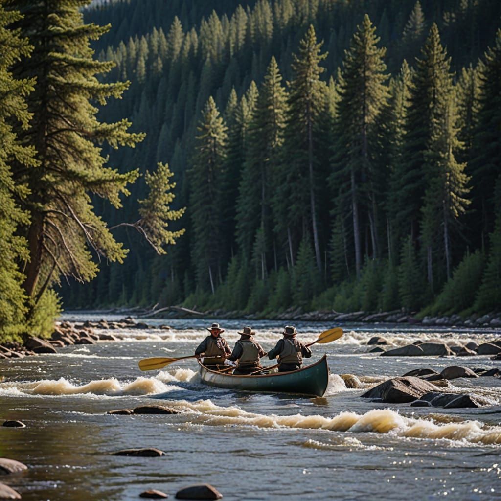 Indians in a Canoe Ride Rapids in a Serene River Landscape