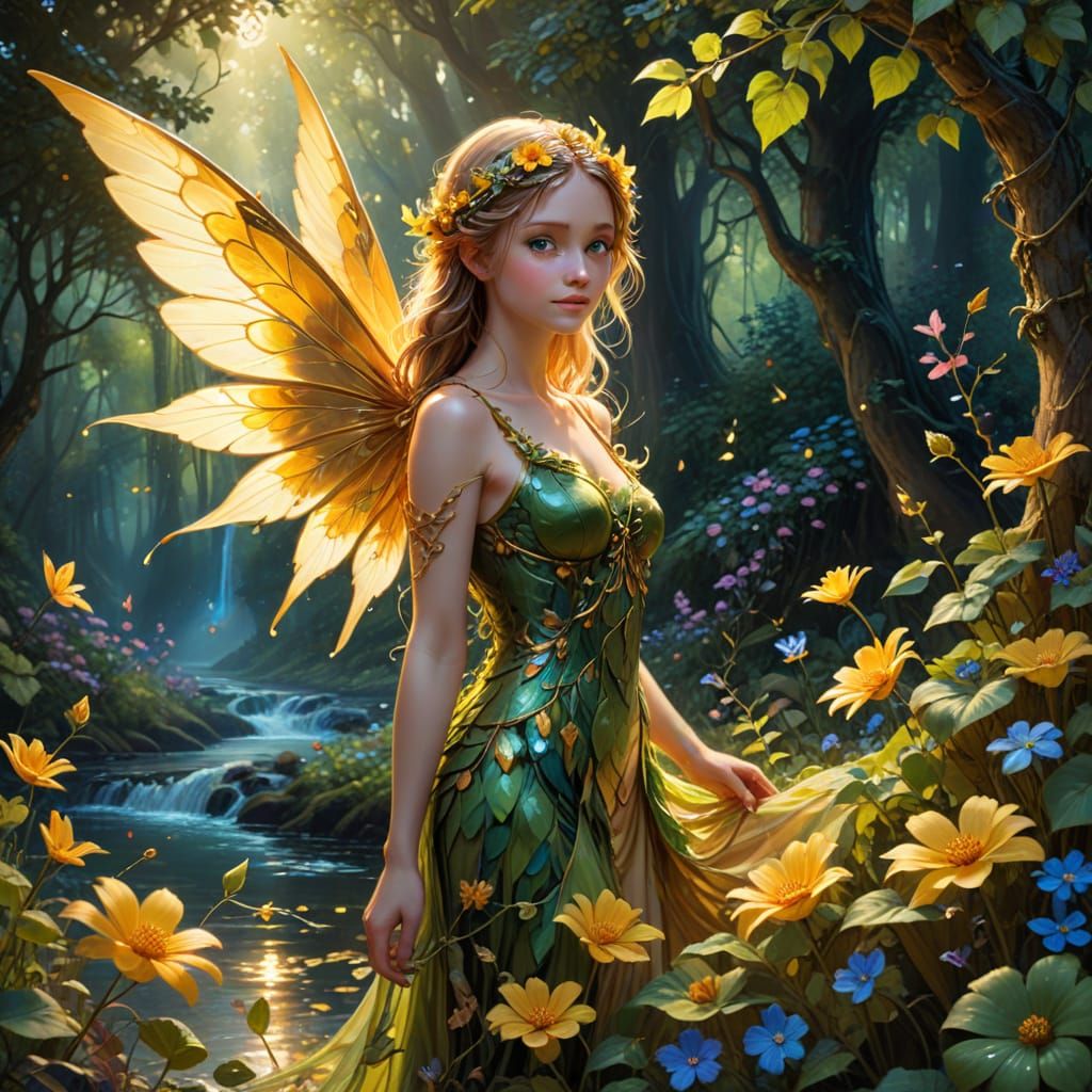 Flower Fairy in Forest: Whimsical Oil Painting