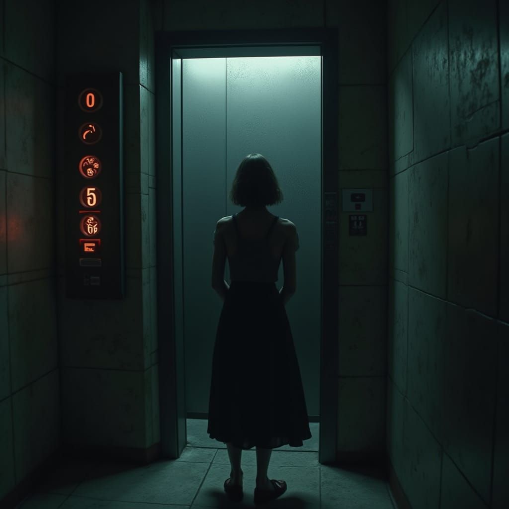 Dystopian Elevator: Woman in Retrofuturistic Scene