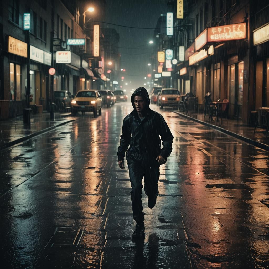 Film Noir Runner in Rainy Cityscape