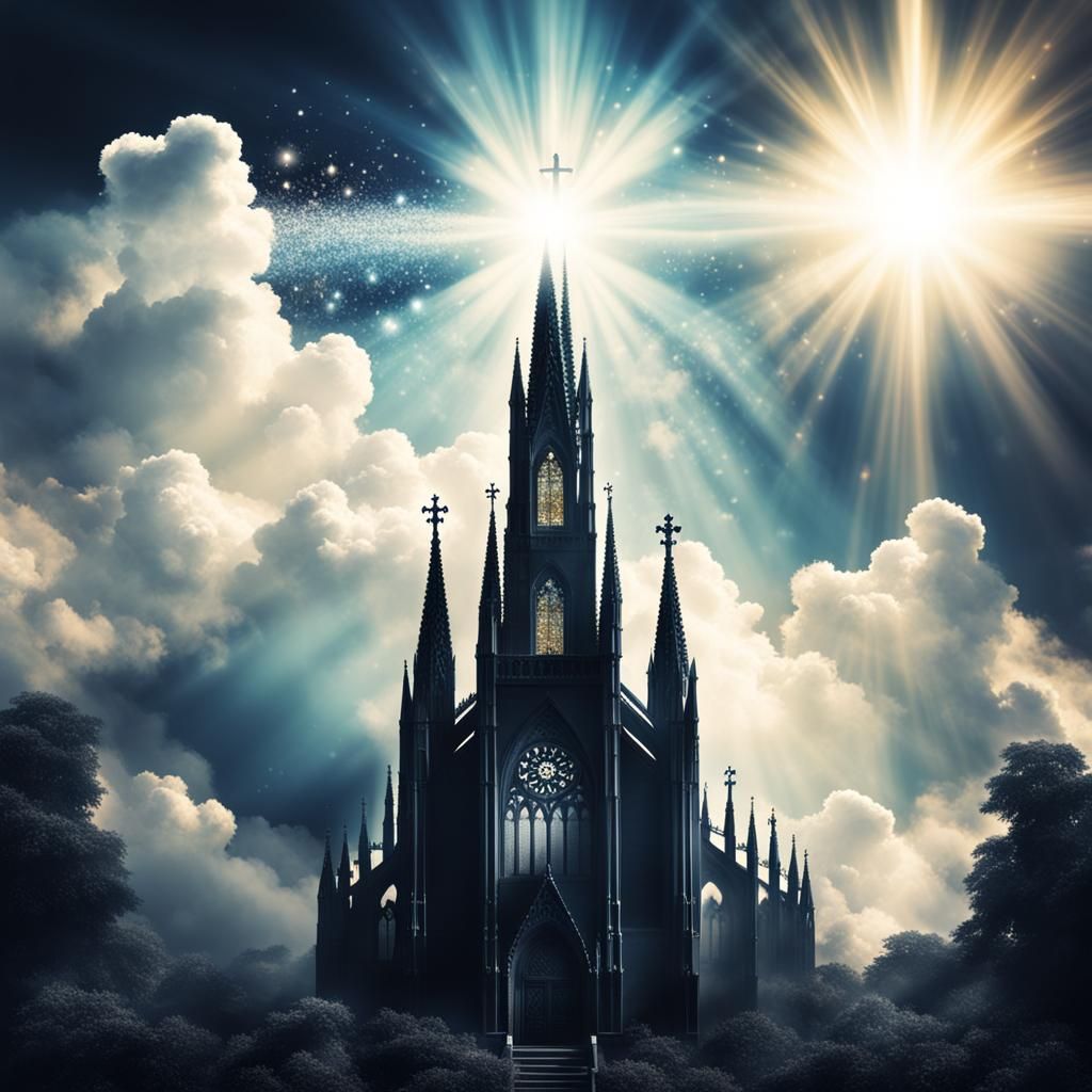 Gothic Palace in the Clouds with Glittering Sunshine