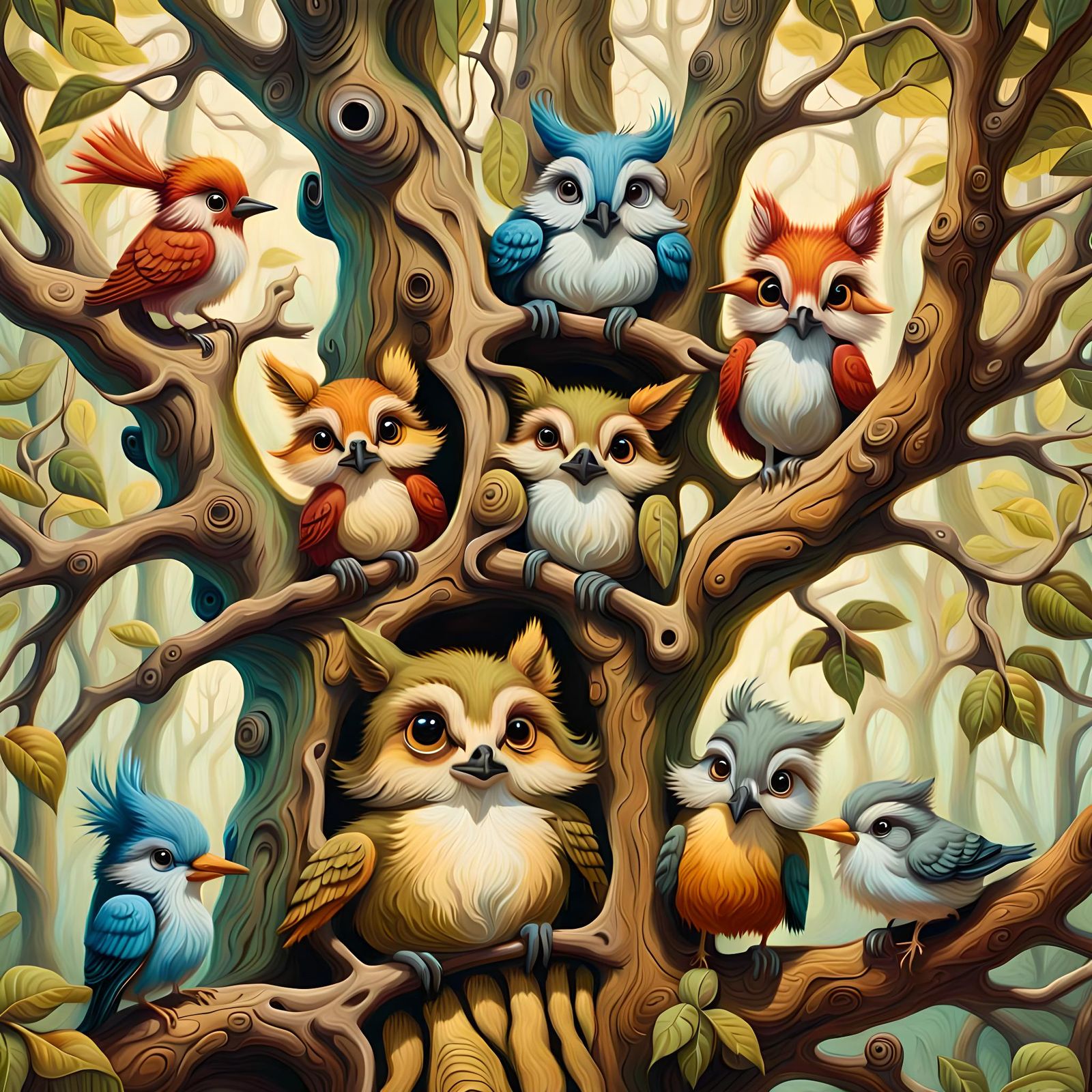 Whimsical Woodland Animals in Ancient Tree