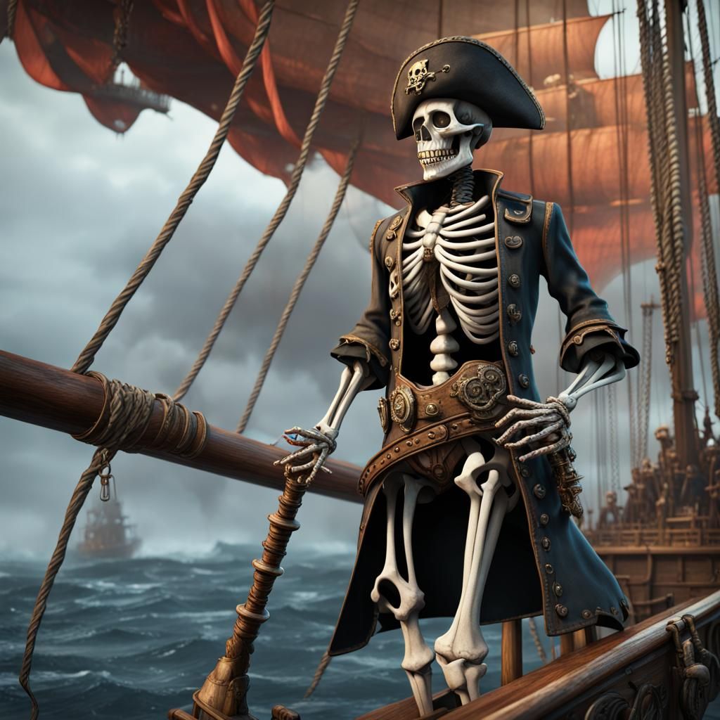 Skeleton Pirate on Ship: Detailed Fantasy Art