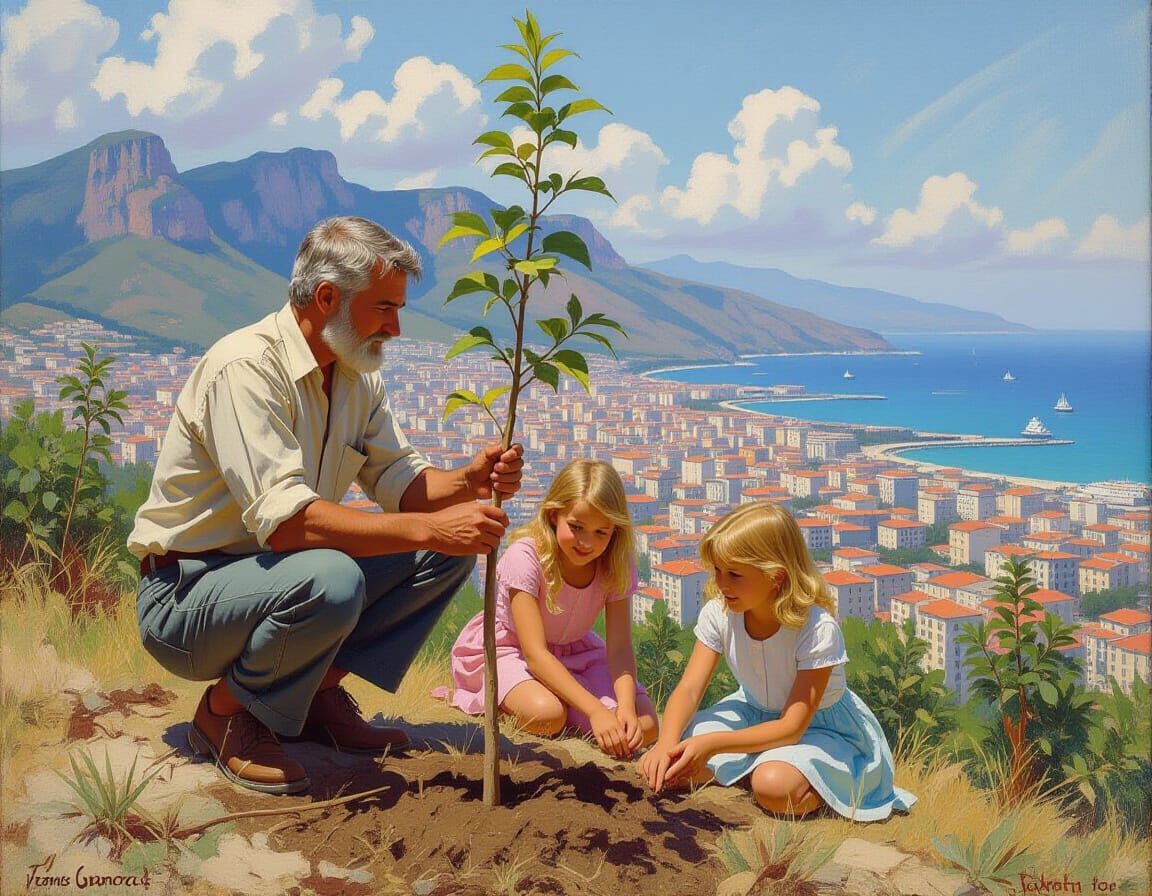 Impressionist Painting of Man Planting Trees with Girls