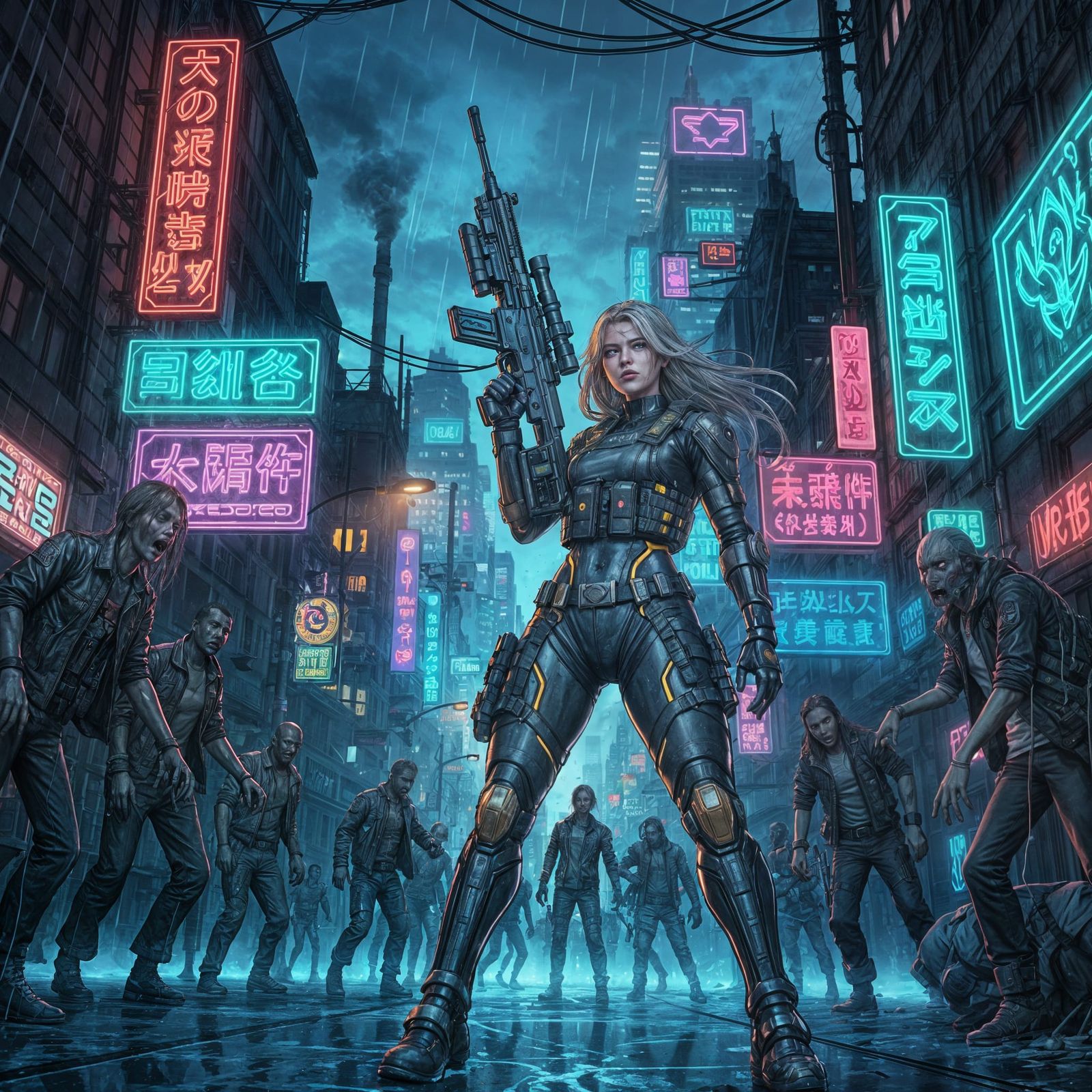 Cyberpunk Warrior Fights Zombies in Neon City