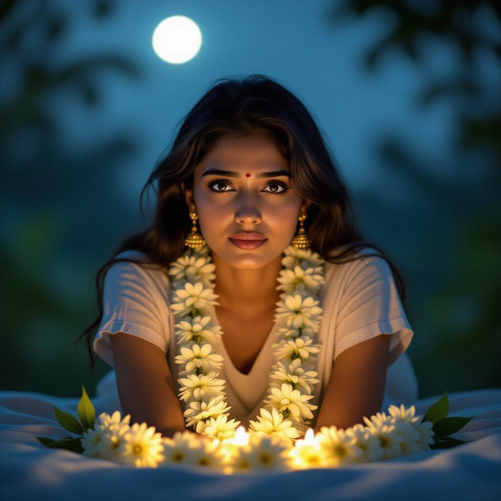 Woman Awake at Night with Glowing Jasmine Garland