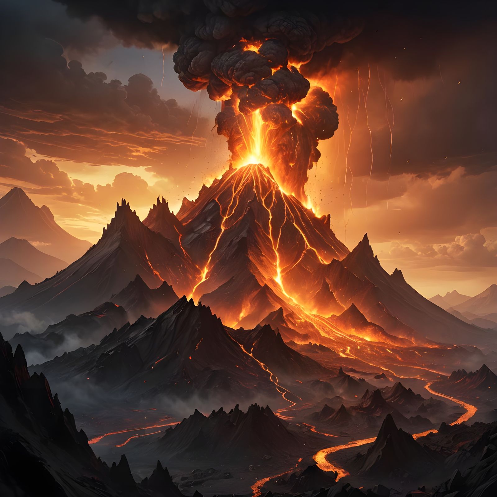 Fantastical Landscapes with Active Volcanoes in a Dark Fanta...