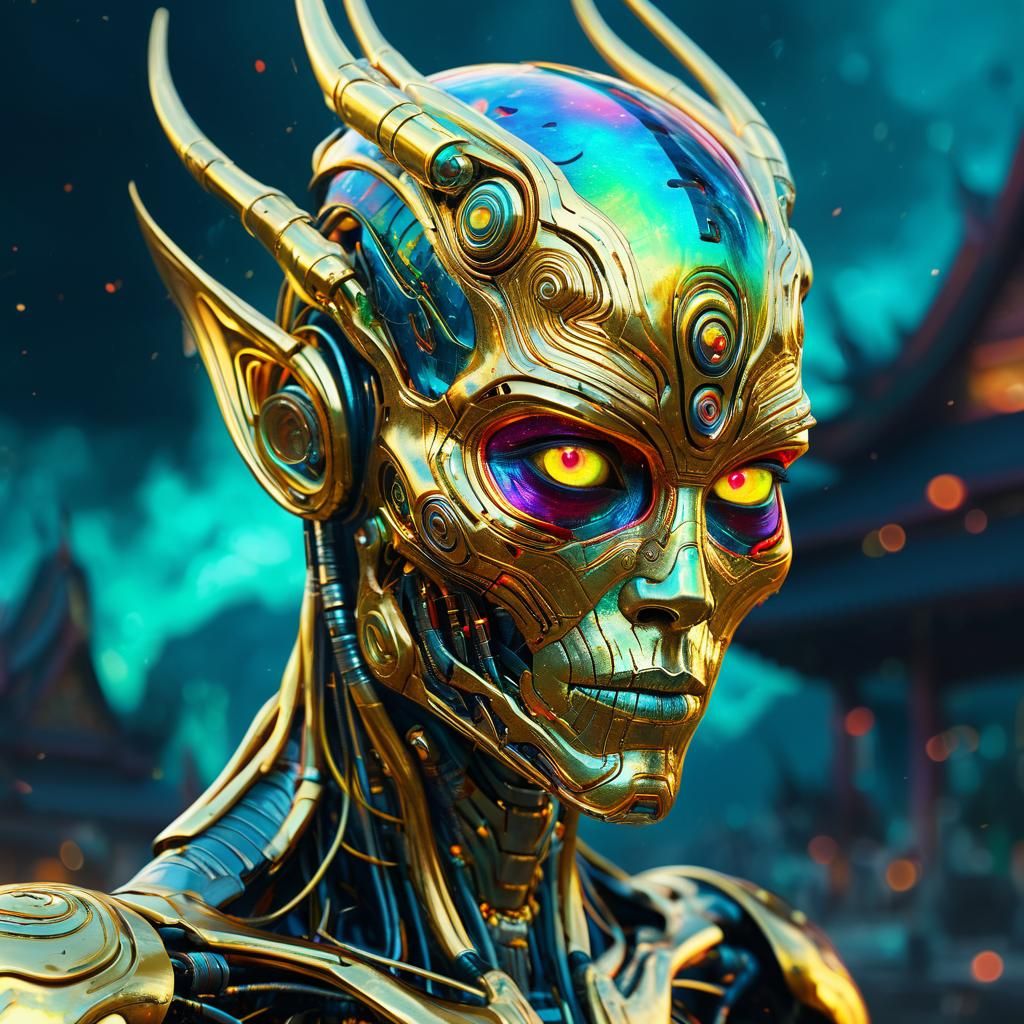 Cyborg Being Forging a Planet in Hyperreal Style