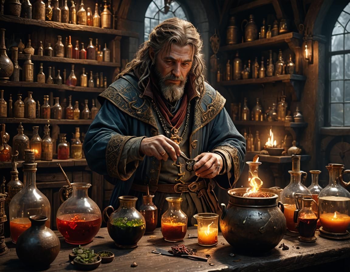 Medieval Alchemist Prepares Potions: Hyperrealistic 3D Rende...