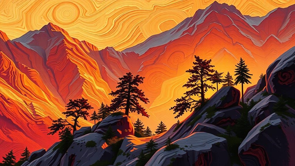 Mountainous Landscape at Dawn as Impasto Painting
