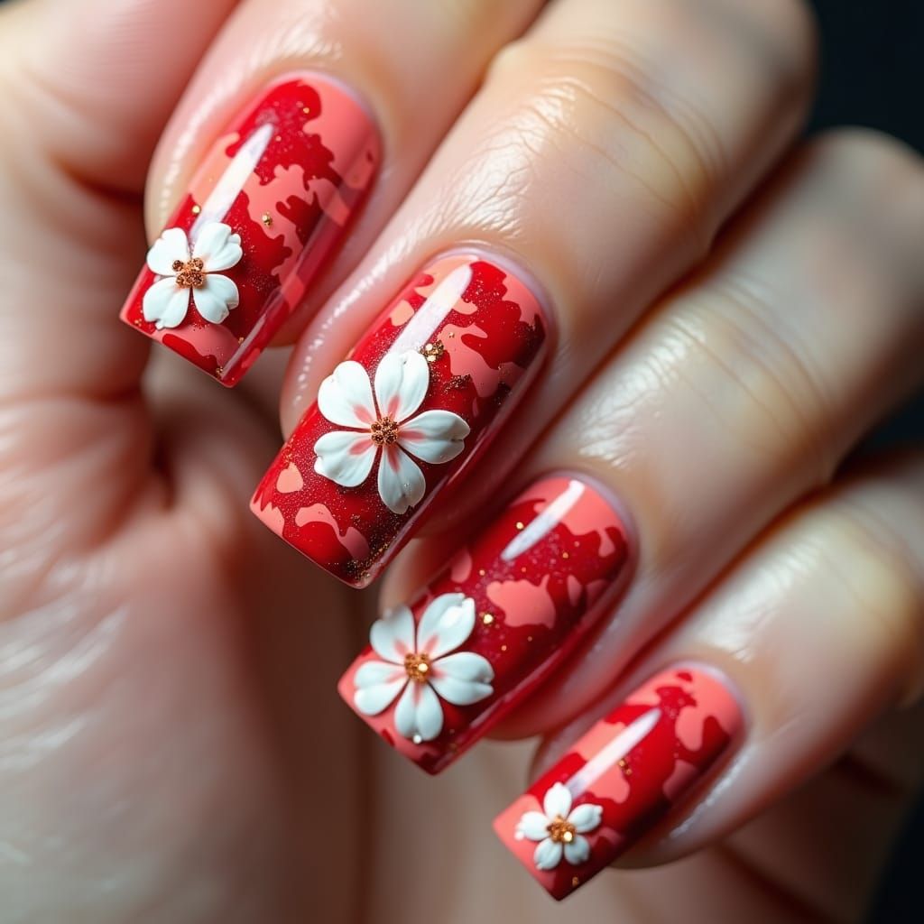 Vibrant Camo Nail Art with 3D Floral Accents