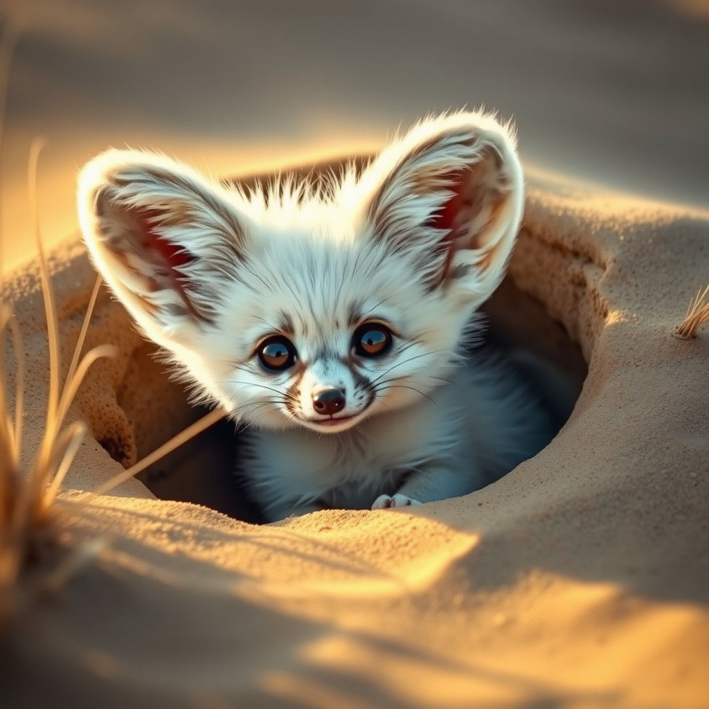 Fennec Fox Kit in Desert Burrow: Photorealistic Image
