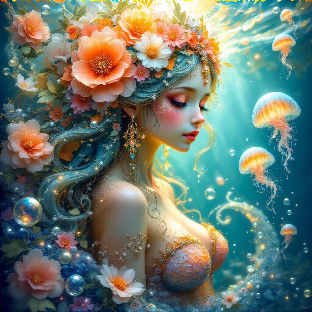 Luminescent Mermaid with Jellyfish in Chiaroscuro Style