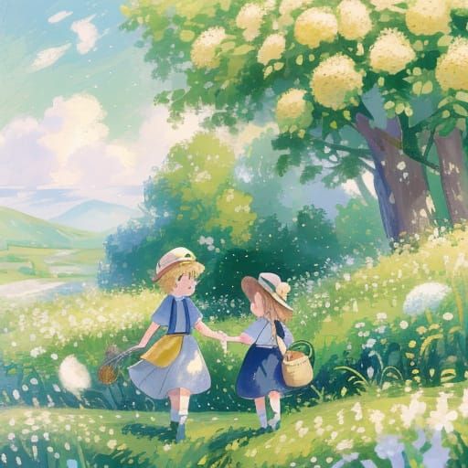 Whimsical Childhood Friends in Serene Impressionist Landscap...