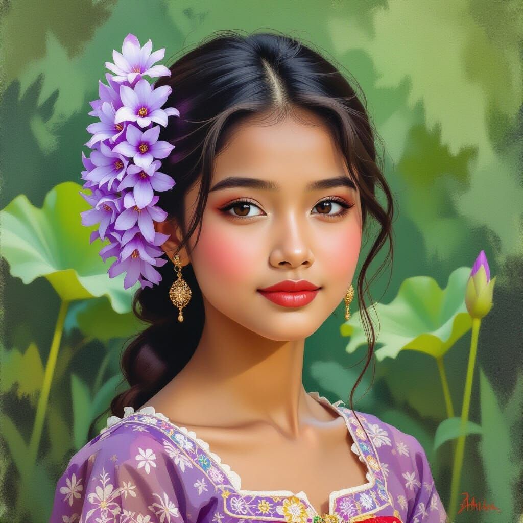 Indonesian Girl with Water Hyacinth in Impressionistic Style