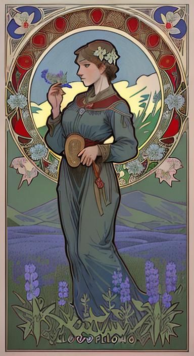 Birds Over Vermont Landscape in Art Nouveau Style