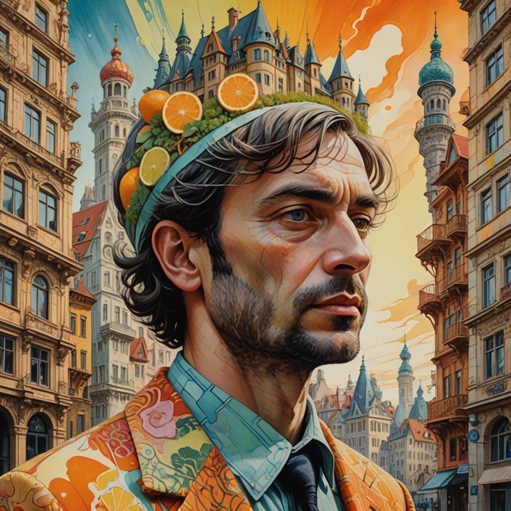 Surreal City Portrait in Pastel Citrus Colors