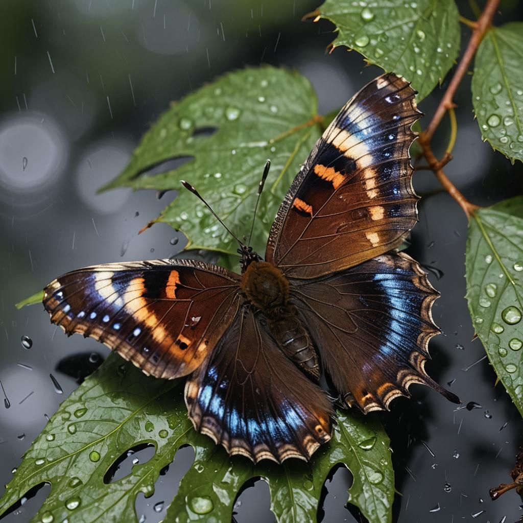 Mourning Cloak Butterfly Sheltering from Rain: Hyperrealisti...
