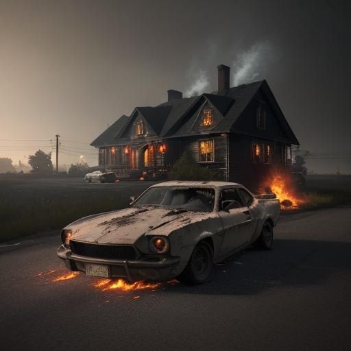 Burning Car Near Creepy Motel: 3D Game Cinematic