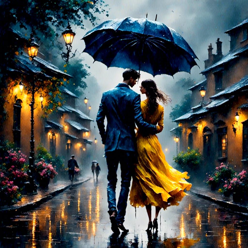 Couple embracing under an umbrella in the rain