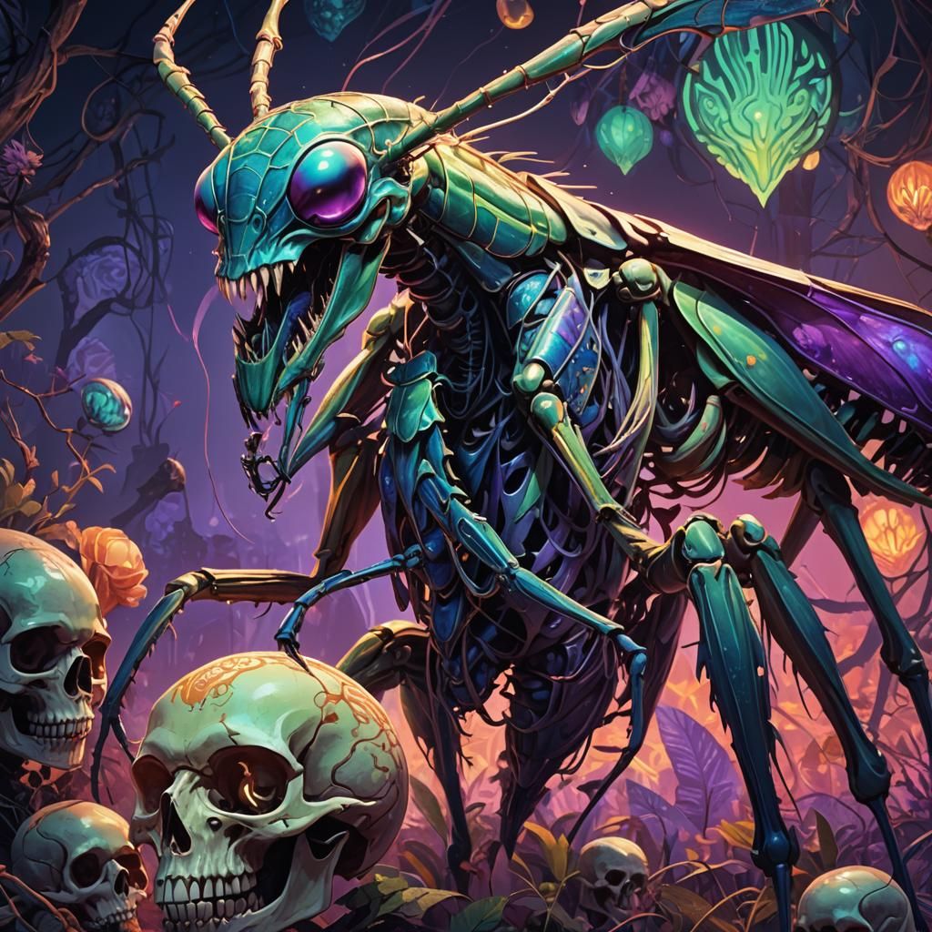 Giant Mantis Consumes Skull in Sci-Fi Art