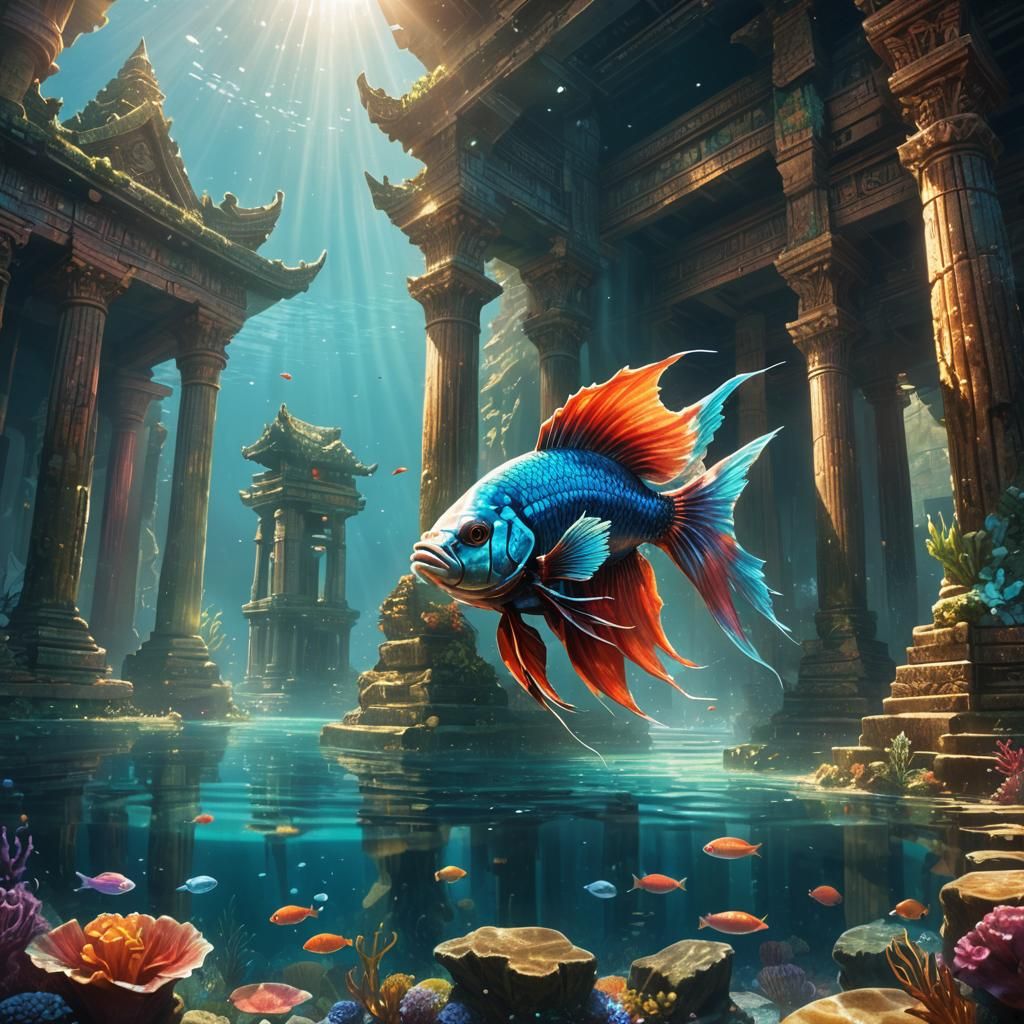 Fighting Fish in Sunken Temple, Fantasy Art