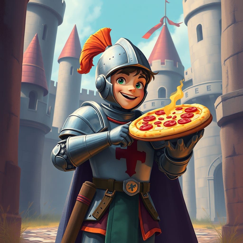 Knight with Pizza in Castle, Digital Art Style