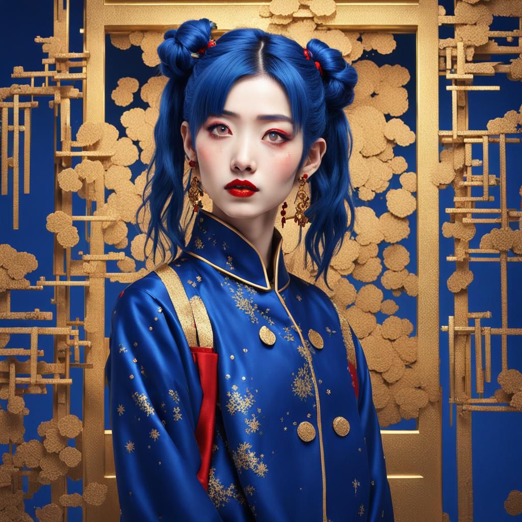 Hyperrealistic Japanese Girl with Blue Hair and Gold Glitch