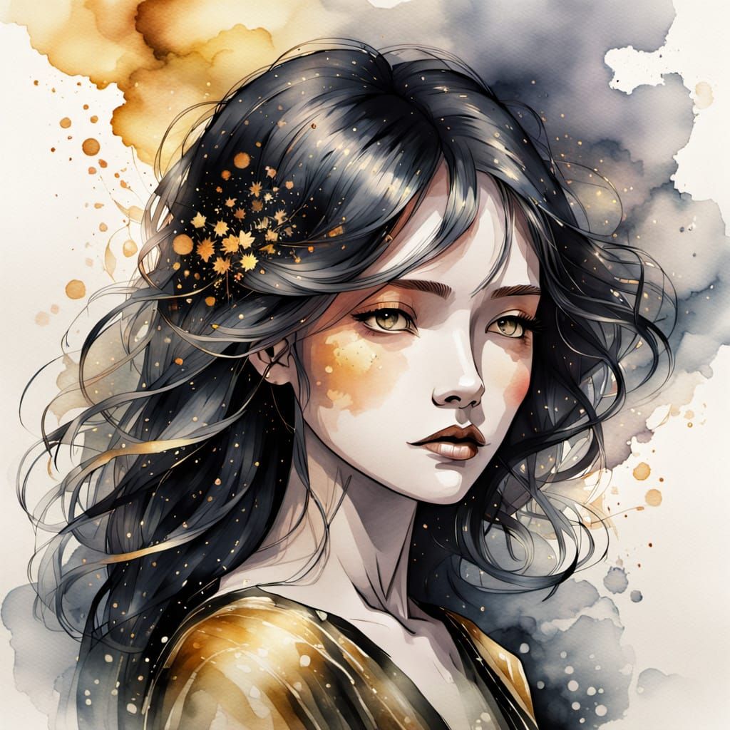 Ethereal Woman in Metallic Black and Gold Satin Dress