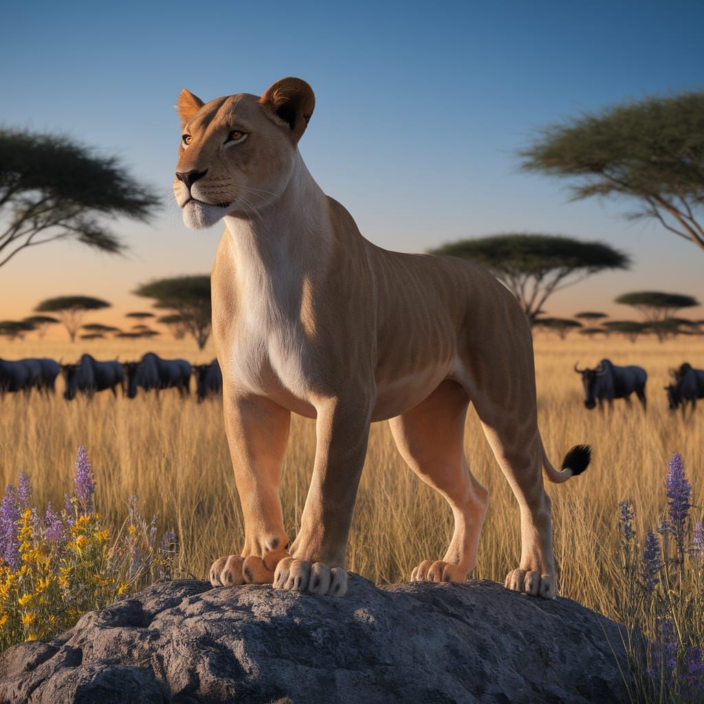 Lioness in 3D Rendered African Savannah